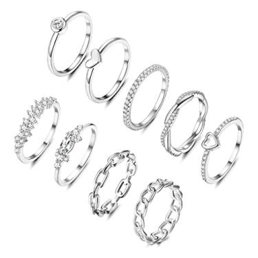 Imagem de HAIAISO Anéis empilháveis banhados a ouro 14 k para mulheres com articulação empilhável CZ coração corrente elo ouro prata conjunto simples polegar fino anel de dor tamanho 6-11, Zircônia cúbica