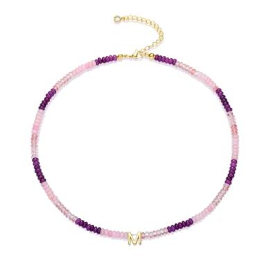 Imagem de Colar com inicial feminina moderna, colar gargantilha colorida com pedras preciosas naturais com contas folheadas a ouro 14K, boêmio, feito à mão, ametista arco-íris, colar com contas, melhores