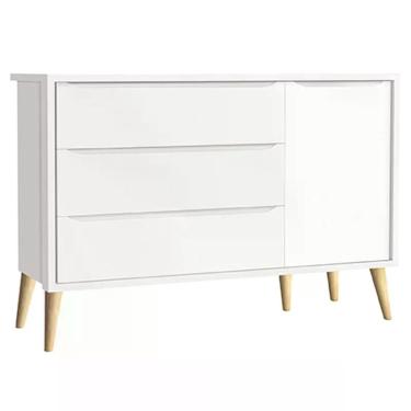 Imagem de Cômoda Infantil Theo 1 Porta e 3 Gavetas com Pés Madeira Natural - Reller Móveis Branco Fosco