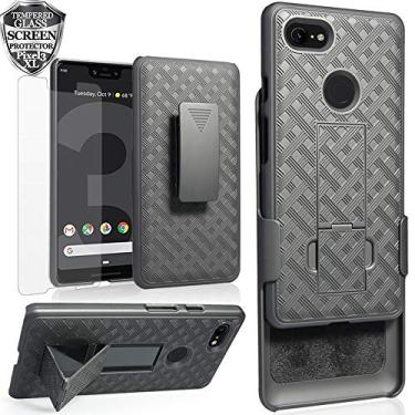 Imagem de Ailiber Capa para celular Google Pixel 3 XL, Pixel 3XL coldre com protetor de tela de vidro temperado, clipe giratório à prova de choque de corpo inteiro fino suporte 2 em 1 capa dura protetora