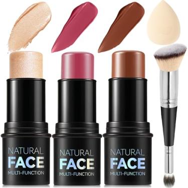 Imagem de Kit de maquiagem em bastão de contorno creme, tons com iluminador, blush e bastão de contorno de bronzeador para esculpir as bochechas, de longa duração, à prova d'água, acabamento fosco e orvalhado