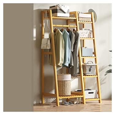 Imagem de Arara de roupas de bambu com prateleiras grande suporte de roupas resistente 6 camadas para quarto rack de roupas pequeno espaço de armazenamento/marrom/110 cm (cor primária 110 cm)