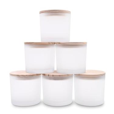 Imagem de SHOWIN Frascos de vela de 340 g de espessura para fazer velas, 6 peças, frascos vazios com tampas de madeira para potes de especiarias, recipiente de amostra, branco fosco