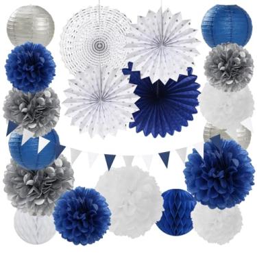Imagem de burgleda Decorações Para Festa Azul-Marinho, Branco E Prata - 20 Peças De Lanternas Papel Formatura, Pompons Papel, Bolas Favo Mel, Bandeirinhas, Aniversário, Despedida Solteira, Natal, Chá Bebê, De