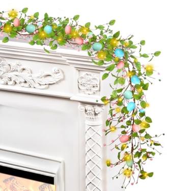 Imagem de Sggvecsy Guirlanda De Ovos De Páscoa Artificiais De 5,9 Pés Com Luzes Led, Ovos De Páscoa, Frutas Vermelhas Coloridas, Folhas Verdes, Guirlandas Rústicas De Primavera Para Lareira, Mesa De Casa, De