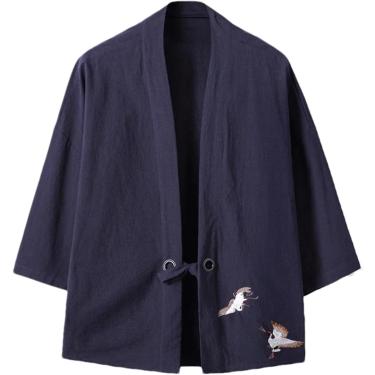 Imagem de Verão Masculino Haori Cardigan Kimono Camisa Samurai Roupas Japonesas Vestes Obi Jaqueta Masculina Streetwear Roupas Asiáticas, Navy, S