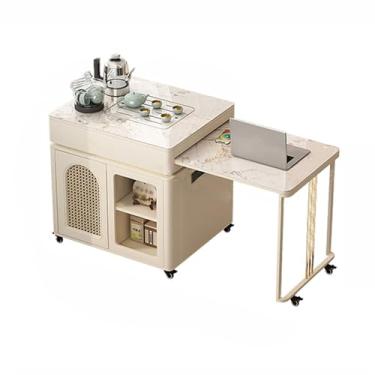 Imagem de Mesa de Chá Mesa de chá de pedra extensível, mesa de jantar, carrinho de chá móvel, sala de estar, mesa de chá multifuncional doméstica Mesa Lateral(Branco)