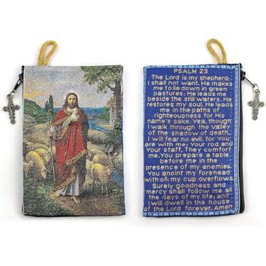 Imagem de Bolsa de Terço Católico, Jesus o Bom Pastor e Salmo 23, 10 x 15 cm Bolsa de Joias e Moedas com Cruz, Pequena Bolsa de Ícone de Tapeçaria de Rosário Católico para Joyería