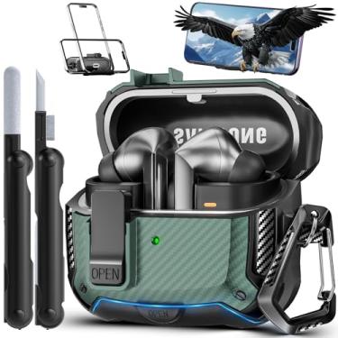 Imagem de MCTOPZO Com suporte de telefone para Samsung Galaxy Buds3 FE (2025)/Buds3 Pro (2024)/Buds 3 (2024), com clipe de bloqueio seguro e kit de limpeza, design de proteção de fibra de carbono à prova de