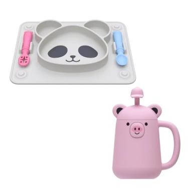 Imagem de Kit Prato Panda e Copo Animais Antivazamento Refeição Infantil Bebê Talheres Silicone BPA Free (Panda e Porquinho)