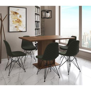 Imagem de Mesa Jantar Londres Retangular Amêndoa 137X90Cm 6 Cadeiras Estofadas Verde Ferro Preto