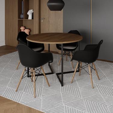 Imagem de Mesa Jantar Industrial Amêndoa 110Cm Redonda Base V Ferro Preto Com 4 Poltronas Pretas Madeir Marrom