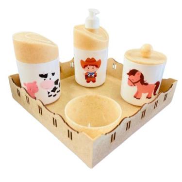 Imagem de Kit Higiene Baby Fazendinha Menino c/bandeja em MDF - Dóia Kids, Quadr