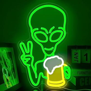 Imagem de JanHune Placa De Neon Alienígena Com Luz Cerveja Verde E Regulável, Placas Led Para Decoração Parede, Quarto, Caverna Masculina, Sala Jogos, Bar, Pub, Festa Hip Hop