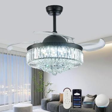 Imagem de DuMaiWay Ventilador De Teto Inteligente Cristal Preto 36" Com Luz E Controle Remoto Fandelier Alexa Wi-Fi Retrátil Regulável Para Quarto Sala Estar Moderno