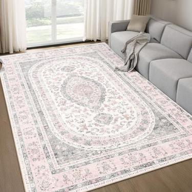 Imagem de Castage Tapetes laváveis, rosa para quarto, sala de estar, cozinha, grande, boêmio, vintage, boêmio, envelhecido, casa de fazenda, antiderrapante, cinza blush floral