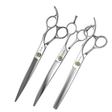 Imagem de SnipStar Professional Pet Tesoura Conjunto 3PCS VG10 Aço 8 polegadas Tesoura de corte reta e curva, 7,5 polegadas 56 dentes tesouras mais finas, taxa de diluição 25%