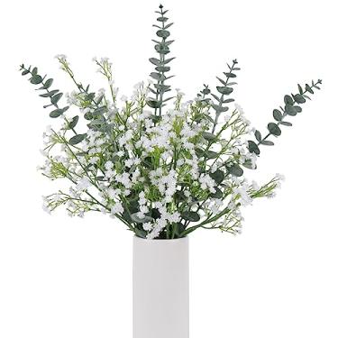 Imagem de DEEMEI 18 peças de flores artificiais para bebês, buquês de flores artificiais de eucalipto, folhas de eucalipto, buquês de Gypsophila brancos artificiais, flores falsas para casamento, arranjos