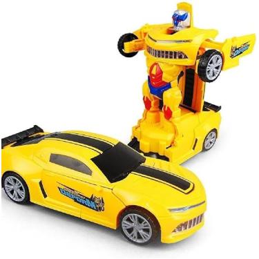 Imagem de Carrinho a Pilha Vira Robô Menino Carro Inteligente Emite Som e Luz Led Bate Volta Brinquedo Interativo Amarelo