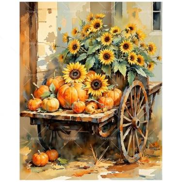 Imagem de Kit de pintura de girassóis e abóboras por números para adultos - Carrinho de girassol DIY com pintura de abóboras de outono em tela 40,6 x 50,8 cm, conjunto de tinta acrílica para iniciantes, arte