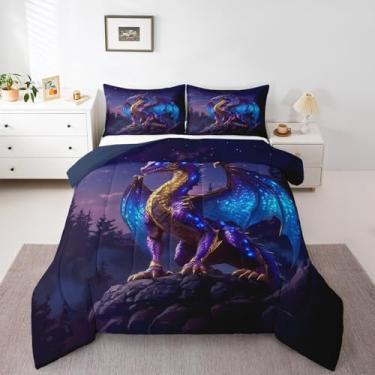 Imagem de Jogo de cama Queen com dragão azul neon, para crianças, meninos, meninas, adolescentes, 3D, animais selvagens do oeste, animais míticos, macio, quente, fantasia, dragão, decoração de quarto, edredom
