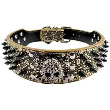 Imagem de haoyueer Coleira cravejada para cães - Coleiras de couro elegantes para cães - 5 cm de largura para cães médios e grandes - Pitbull Mastim Labrador Boxer Rottweiler Pastor Alemão (GG, marrom dourado)