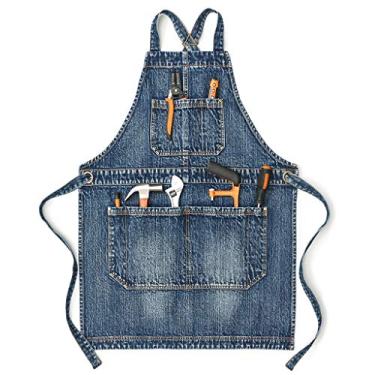 Imagem de Jeanerlor Avental masculino de trabalho Cobbler Denim personalizado para mulheres e homens Aventais de madeira com bolsos ajustáveis até 2GG (azul denim)