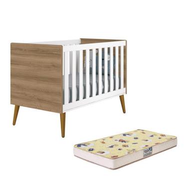 Imagem de Berço Mini Cama Theo Retrô com Pés Amadeirado e Colchão D18 - Reller Móveis Branco Fosco/Mezzo