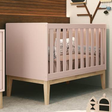 Imagem de Berço Mini Cama Classic Pés Madeira Natural com Colchão D18 - Reller Móveis Rosa Fosco