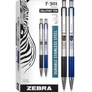 Imagem de Zebra Pens Fine Point F 301, Bulk Combo Pack of 6 BLACK INK & 6 BLUE INK metal pens (Total of 12 Pens), Ballpoint Stainless Steel Retractable 0.7mm fine point ink pens