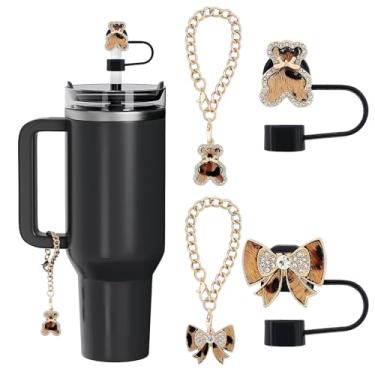 Imagem de Orehymbe Conjunto de acessórios de leopardo compatível com copo Stanley de 850 g 1,134 g com alça, incluindo 2 tampas reutilizáveis de cobertura de palha de 10 mm e 2 peças de pingentes de corrente