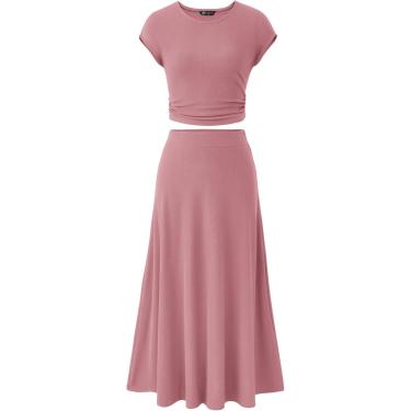 Imagem de Conjunto De Saia Feminina De Duas Peças Casual Com Nervuras De Malha Gola Redonda Manga Curta Top Cropped Cintura Alta Saia Midi, Dusty Pink, S