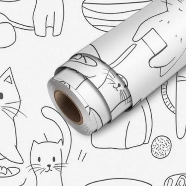 Imagem de HOMETITUTE Papel de parede minimalista de desenho de gato descasque e cole papel de parede de contato 45 cm x 300 cm revestimento de parede de vinil removível autoadesivo para quarto cozinha banheiro