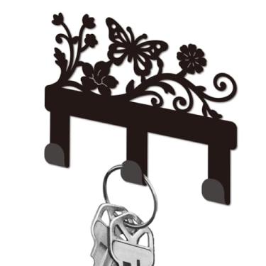 Imagem de DELORIGIN Porta-chaves de metal com flor de borboleta para parede, mini gancho organizador de chaves, cabides decorativos de parede com 3 ganchos para entrada, porta da frente, corredor, cozinha
