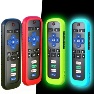 Imagem de Pacote com 4 capas para controle remoto Roku, capa de bateria para controle remoto TCL Roku Smart TV, controle remoto Roku TV, capa protetora de silicone, capa universal que brilha no escuro, azul, verde, preto, vermelho