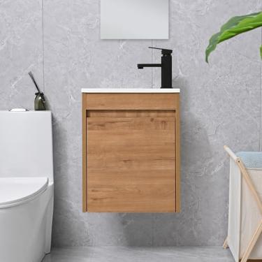 Imagem de USBATHJOY Conjunto de pia de banheiro de 40,6 cm para espaços pequenos, conjunto de armário de banheiro montado na parede com pia de pia de resina branca, torneira preta, ralo pop-up, natureza