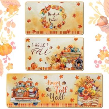 Imagem de Drydiet Conjunto de 3 peças de tapetes e tapetes de cozinha de outono Happy Autumn Farmhouse Capacho antiderrapante Dia de Ação de Graças Abóbora Folha de Bordo Tapetes para Colheita Agradecido