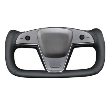 Imagem de MEWANT Capa de volante de couro sintético com costura à mão preta sólida em relevo para Tesla Yoke Model S 2021-2023 Model X