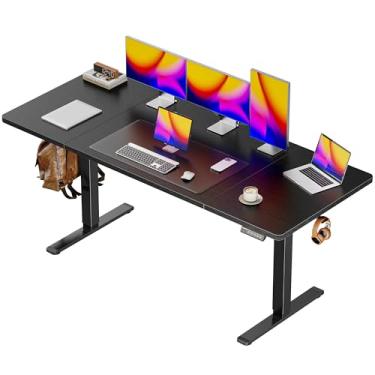 Imagem de Huuger Mesa elétrica grande de 150 x 71 cm, mesa de computador com altura ajustável, mesa de 70 cm de profundidade, mesa de escritório para jogos de pé com 2 ganchos, 3 alturas predefinidas, para