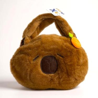 Imagem de Bolsa Infantil de Pelúcia Capivara, 22x16cm, Marrom com Detalhe de Fruta, Alça de Mão
