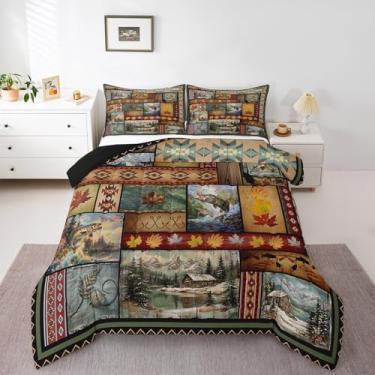Imagem de Feelyou Conjunto de cama king size para pesca e caça, robalo, peixe, ocidental, rústico, campo, vintage, madeira vintage, conjunto de edredom para decoração de casa, 1 edredom + 2 fronhas