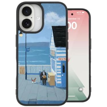 Imagem de MAYCARI Capa original de pintura a óleo artística para iPhone 16 Estética pequena loja à beira-mar capa de telefone de transferência de calor para meninas mulheres capa protetora traseira rígida à