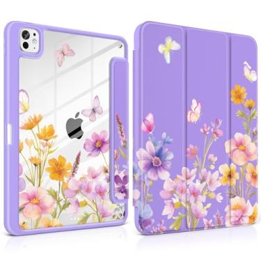 Imagem de Loyrina Capa para iPad Pro de 13 polegadas (M4) versão 2024, fina, leve, bonita, roxa, com suporte para lápis com borda de TPU transparente, suporte de três dobras, flor em aquarela