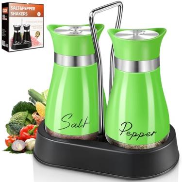 Imagem de Saleiro e pimenteiro, conjunto de saleiro e pimenteiro com suporte, alça galvanizada, dispensador de garrafa de vidro de aço inoxidável de 118 ml, para mesa, trailer, acampamento, churrasco (verde)