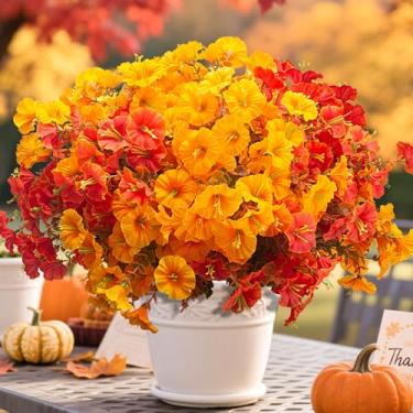 Imagem de Pacote com 16 flores artificiais de outono para decoração de casa de jardim interno ao ar livre, margarida de flor falsa com folhas de eucalipto, plantas falsas, verdura, buxo, varanda, pátio