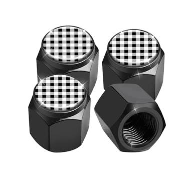 Imagem de Pacote com 4 tampas de haste de válvula de pneu, tampas de haste de roda de carro, tampas de válvula de ar de alumínio, ajuste universal para carros, SUVs, caminhões, bicicletas e motocicletas (xadrez