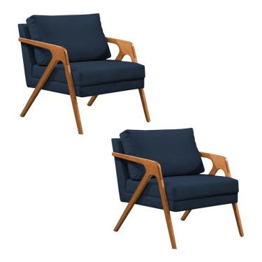 Imagem de Kit 2 Poltronas Mona Luxo Base Madeira Maciça Veludo Azul