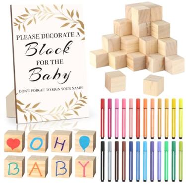 Imagem de wookidel Kit de placas de jogos de chá de bebê com 50 blocos de madeira em branco, 24 marcadores de tinta acrílica e placa de madeira, blocos para jogos de chá de bebê, festa de revelação de gênero