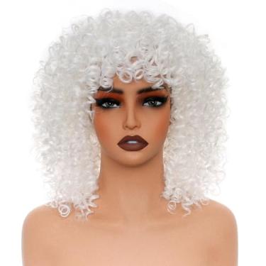 Imagem de PORSMEER Perucas Afro Curly de 35,5 cm, Curtas Soltas e Curtas com Franja para Mulheres Negras, Cabelo Afro Sintético dos Anos 70 (Branco)