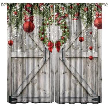 Imagem de HZOHNAGO Cortinas de Natal para crianças, Feliz Natal, inverno, padrão de porta de madeira rústica, estampado, decoração com bolso para varão, cortinas de janela para quarto, sala de estar, 106 x 114